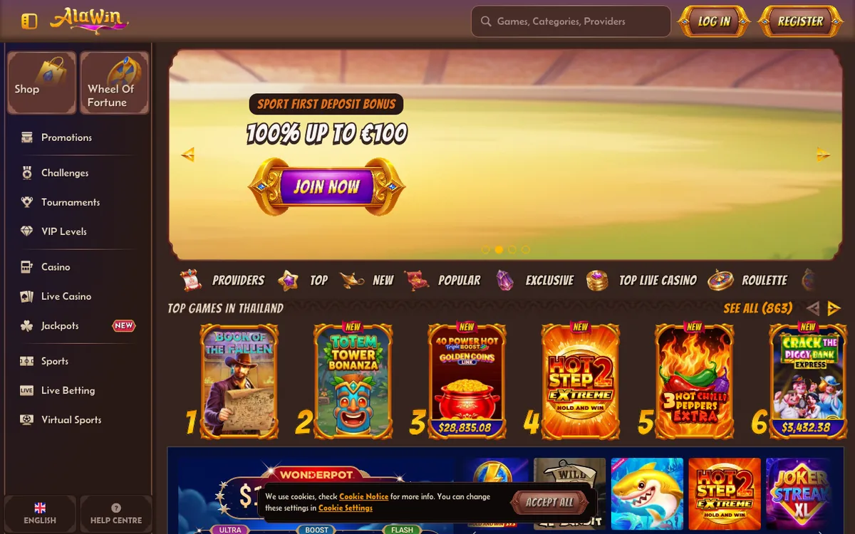 Skjermbilde av forsiden til Alawin Casino med velkomstbonus og spillutvalg