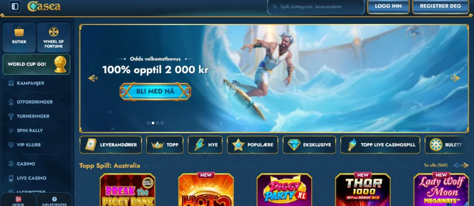 Skjermbilde av forsiden til Casea Casino med velkomstbonus og spillutvalg