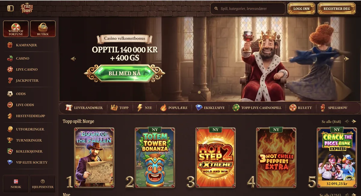 Skjermbilde av forsiden til Crazytower Casino med velkomstbonus og spillutvalg