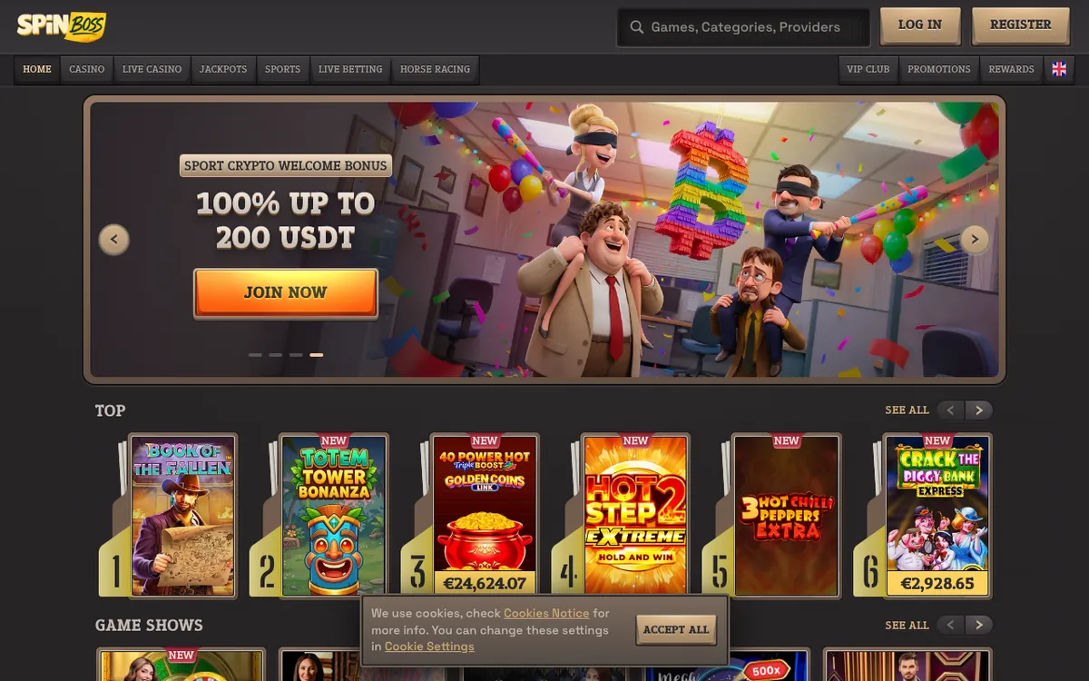Skjermbilde av forsiden til Spinboss Casino med velkomstbonus og spillutvalg