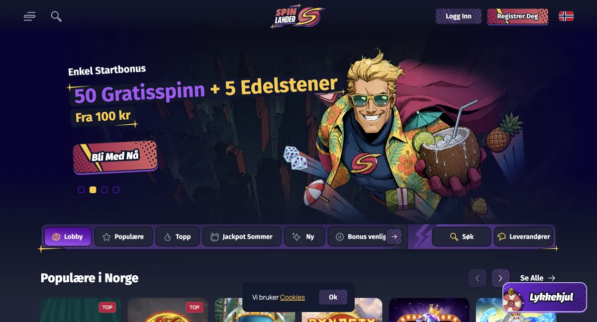 Skjermbilde av forsiden til Spinlander Casino med velkomstbonus og spillutvalg