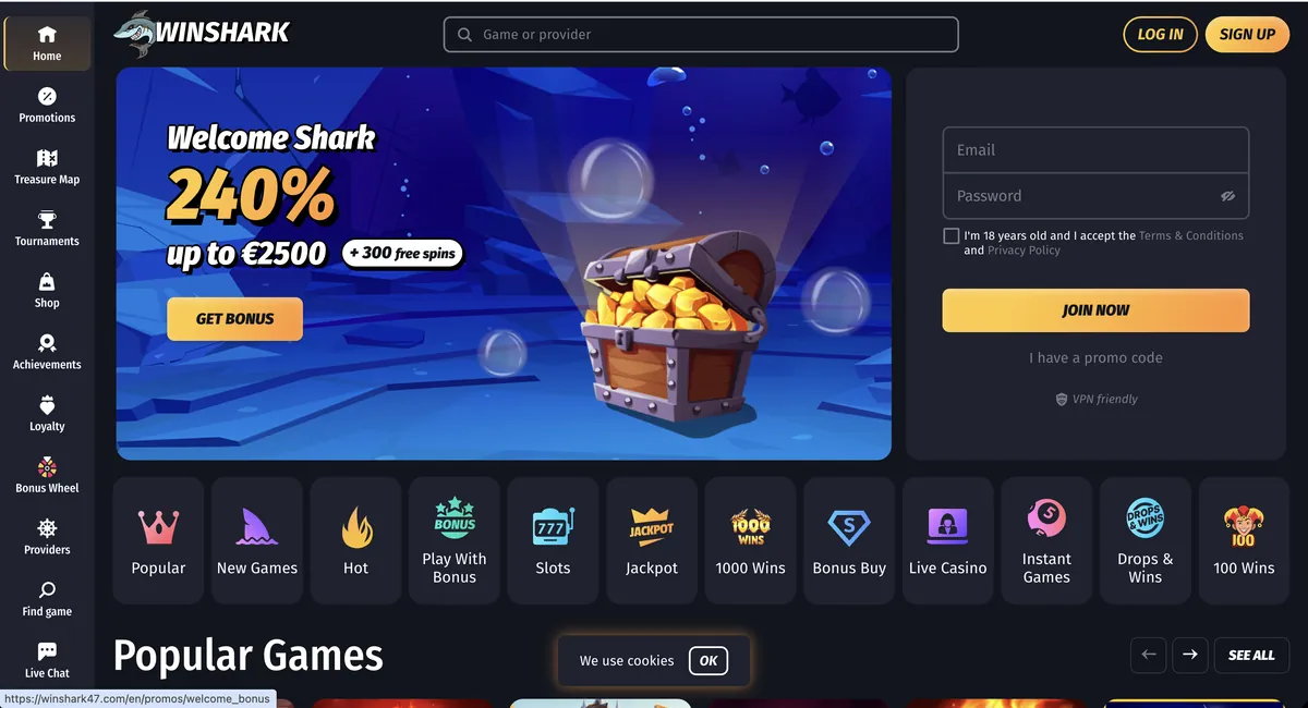 Skjermbilde av forsiden til Winshark Casino med velkomstbonus og spillutvalg